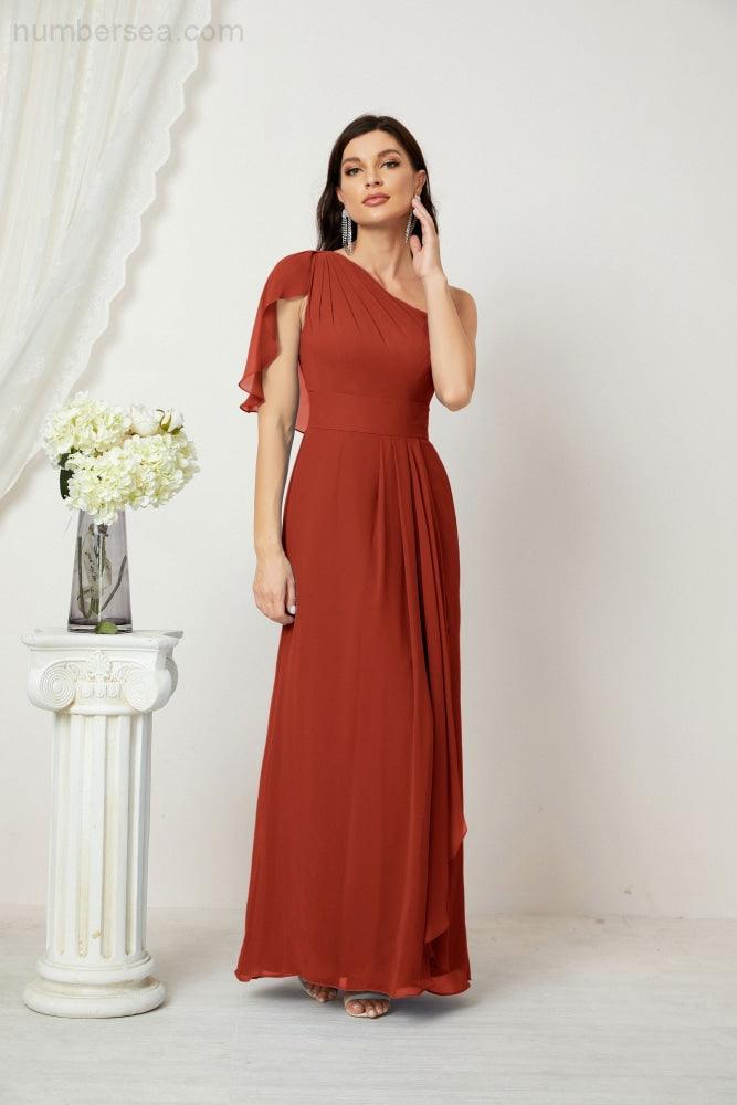 Numbersea  Chiffon Ruffled One Shoulder Long Bridesmaid Dresses A-line Formal Evening Gown Side Split 2809