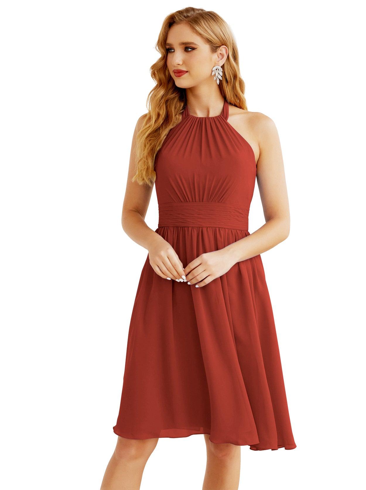 Baoleely Halter Chiffon Bridesmaid Dresses Short Sleeveless Formal Party Dress Open Back 28023