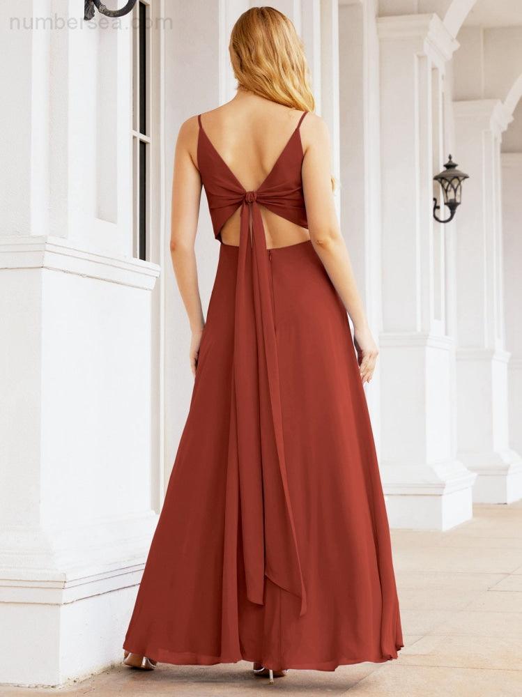 Numbersea Spaghetti Strap Bridesmaid Dresses V Neck Butterfly Back Fromal Evening Party Prom Gown 28036