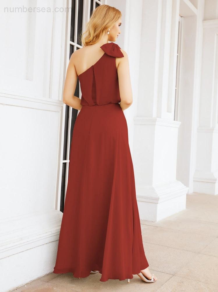 Numbersea Chiffon Ruffled One Shoulder Sleeveless Long Bride Dresses A-line Formal Evening Gown Side Split 28057