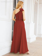 Numbersea Chiffon Ruffled One Shoulder Sleeveless Long Bride Dresses A-line Formal Evening Gown Side Split 28057
