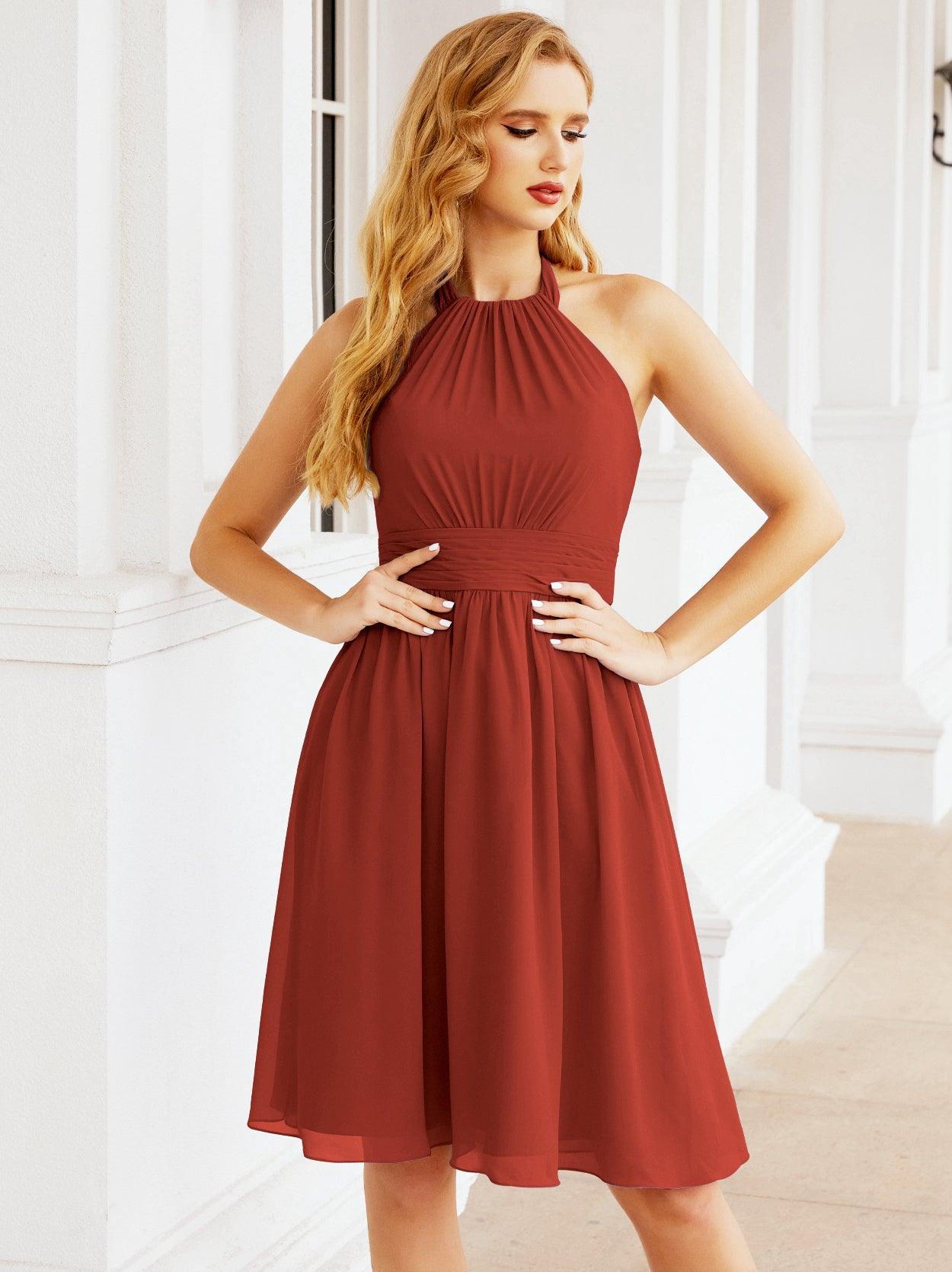 Baoleely Halter Chiffon Bridesmaid Dresses Short Sleeveless Formal Party Dress Open Back 28023
