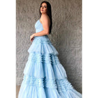 V-Neck Spaghetti Straps Ruched Tulle A-Line Long Homecoming Court Dress