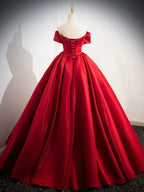 A-Line Off Shoulder Satin Long Prom Dress Evening Dress Ballgown