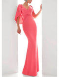 Gown Elegant Formal Fall Floor Length Short Sleeve V Neck Stretch Chiffon with Ruched Ruffles Evening Dress