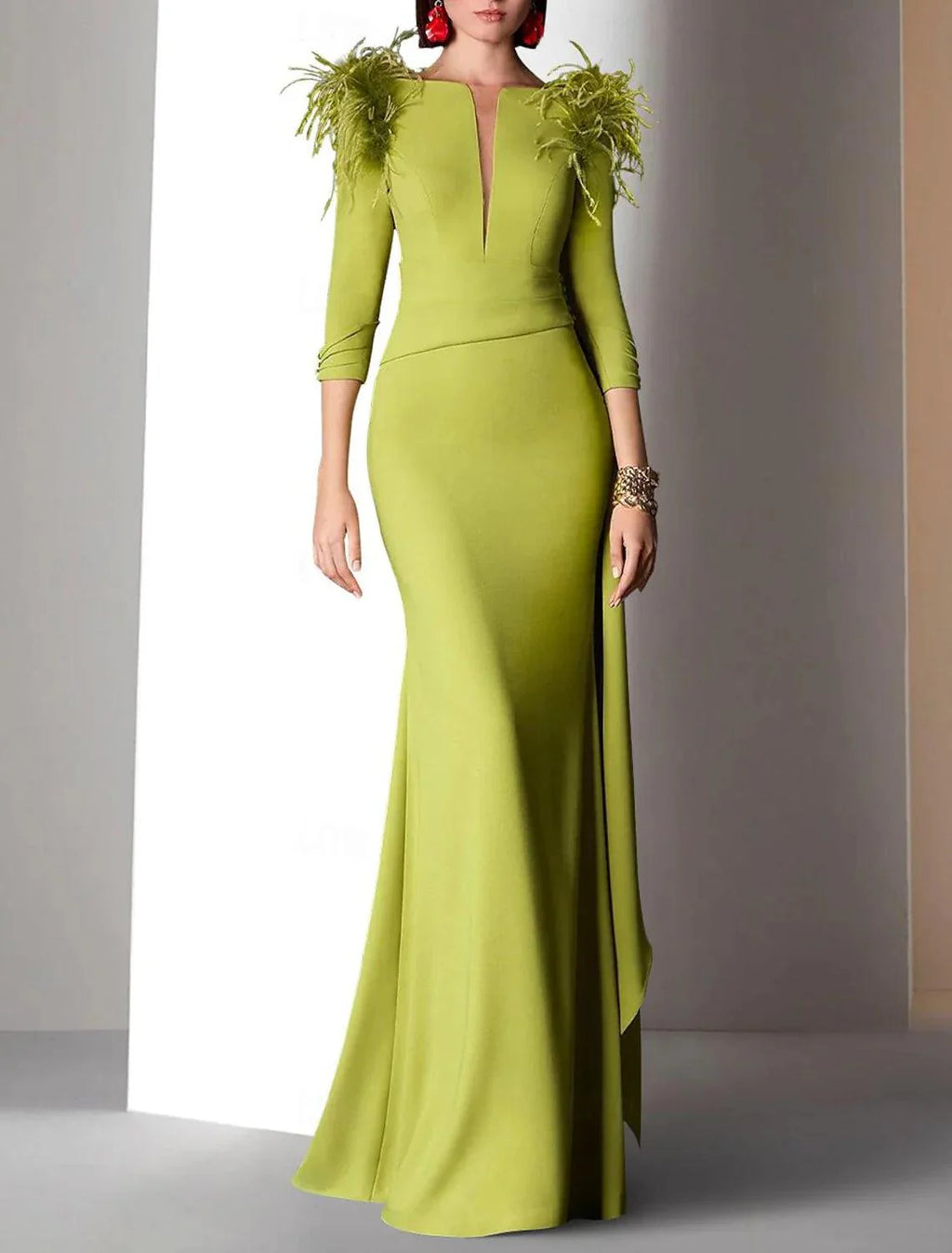 Gown Elegant Formal Fall Floor Length 3/4 Length Sleeve V Neck Satin with Feather Ruched Ruffles Evening Dress