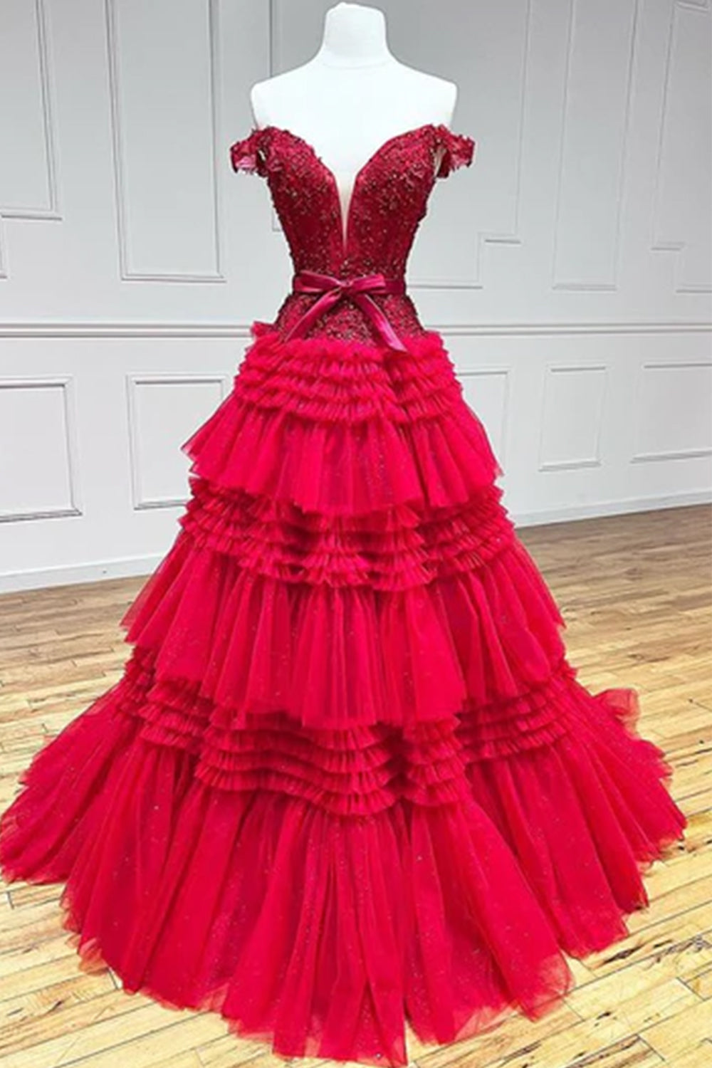 A Line Off the Shoulder Light Pink Long Prom Dress with Ruffles