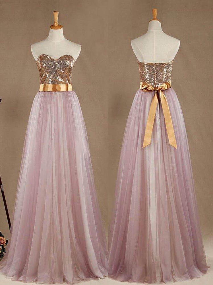 Ball Gown Light Purple Tulle Bridesmaid dress A-line Sweetheart Gold Sequined Strapless Evening dress