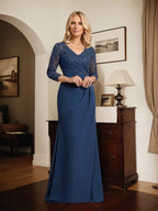 Sheath/Column V-Neck Illusion Floor-Length Lace Chiffon Mother of the Bride Dress With Pleated Sequins