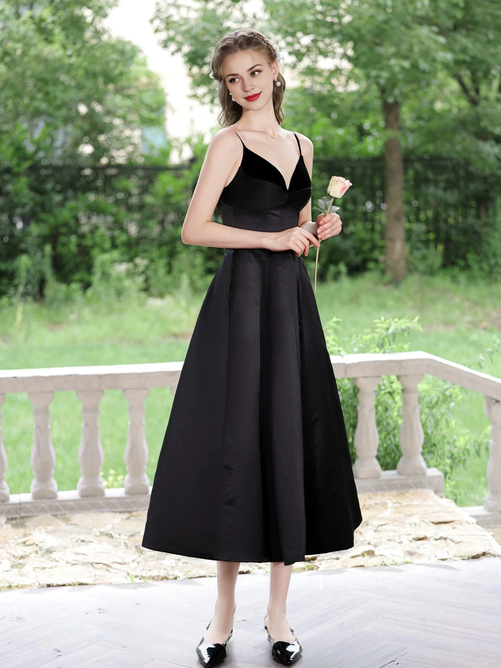 A-Line V Neck Tea Length Satin Prom Dress Formal Dress