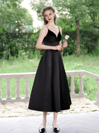 A-Line V Neck Tea Length Satin Prom Dress Formal Dress