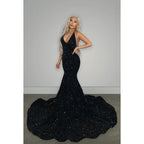 V-Neck Halter Backless Sequins Mermaid Long Prom Evening Dress With Sweep Train