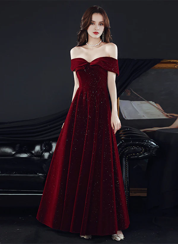 Sparkling Velvet Off Shoulder Long Party Dress A-line Prom Dress Evening Dress