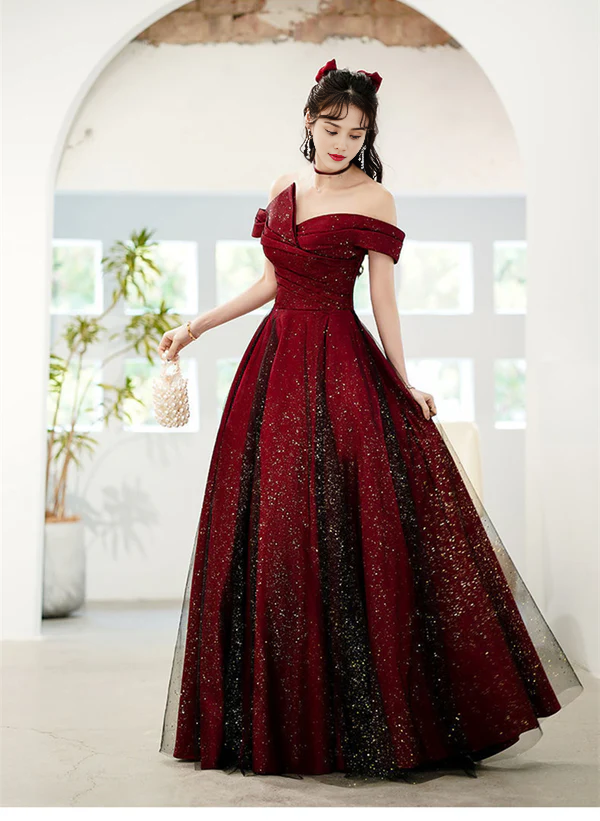 A-Line Princess Sparkling and Black Off Shoulder Satin Party Dress Long Evening Dress