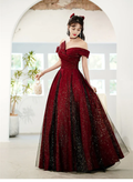 A-Line Princess Sparkling and Black Off Shoulder Satin Party Dress Long Evening Dress