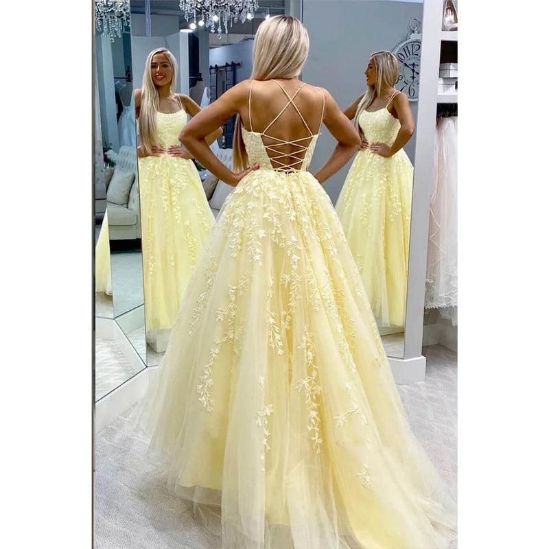 Red Tulle Appliques Spaghetti Straps A-line Long Prom Dress Lace-up