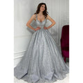 Sexy V-neck Silver Sparkly Prom Ball Gown