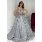 Sexy V-neck Silver Sparkly Prom Ball Gown