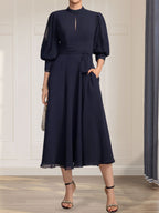 A-line High Neck Tea-Length Lace Chiffon Mother of the Bride Dress With Bow