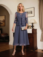 A-line Scoop Tea-Length Lace Chiffon Mother of the Bride Dress With Sequins