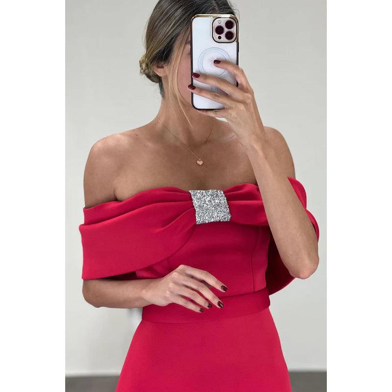 Red Off-Shoulder Cap Sleeves Sheath Rhinestone Formal Prom Dress