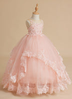 Princess Sleeveless Tulle Gown with Lace Appliques and Sweep Train for Girls