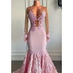 Sexy V-neck Lace Appliques Long Sleeves Mermaid Afric Prom Dress