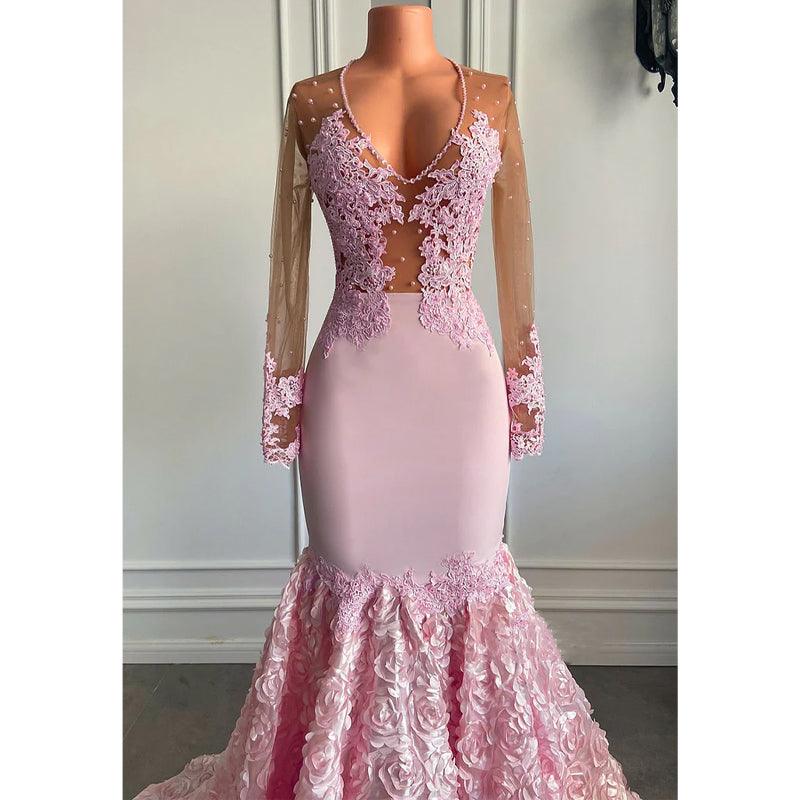 Sexy V-neck Lace Appliques Long Sleeves Mermaid Afric Prom Dress