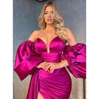 Sexy V-neck Strapless Puff Sleeves Satin Pink High Slit Long Evening Dress