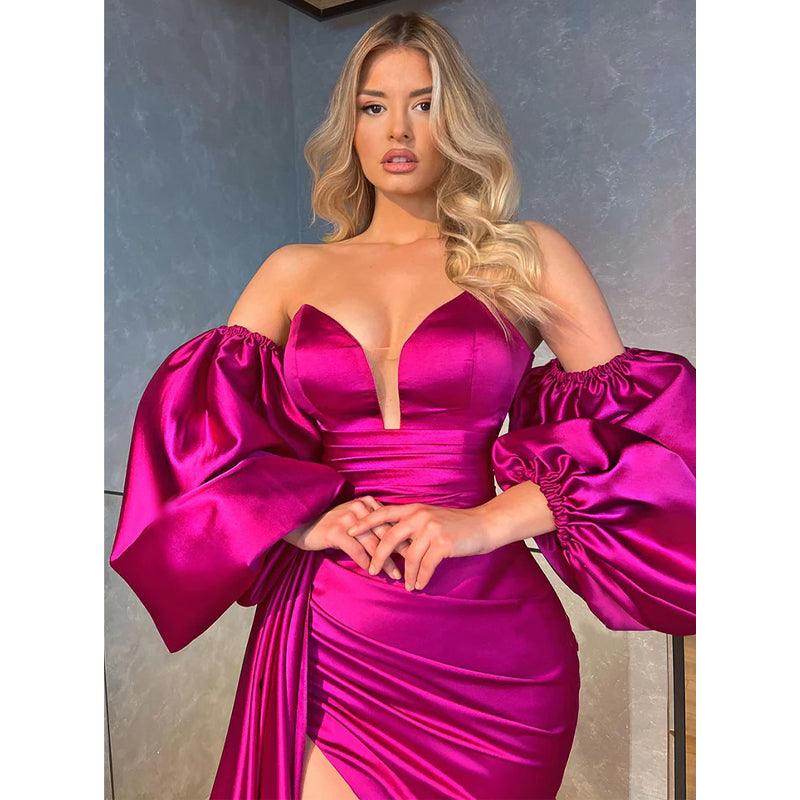 Sexy V-neck Strapless Puff Sleeves Satin Pink High Slit Long Evening Dress