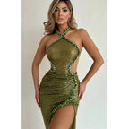Sexy & Sheath Halter Beaded Sequins Green Long Evening Prom Dress