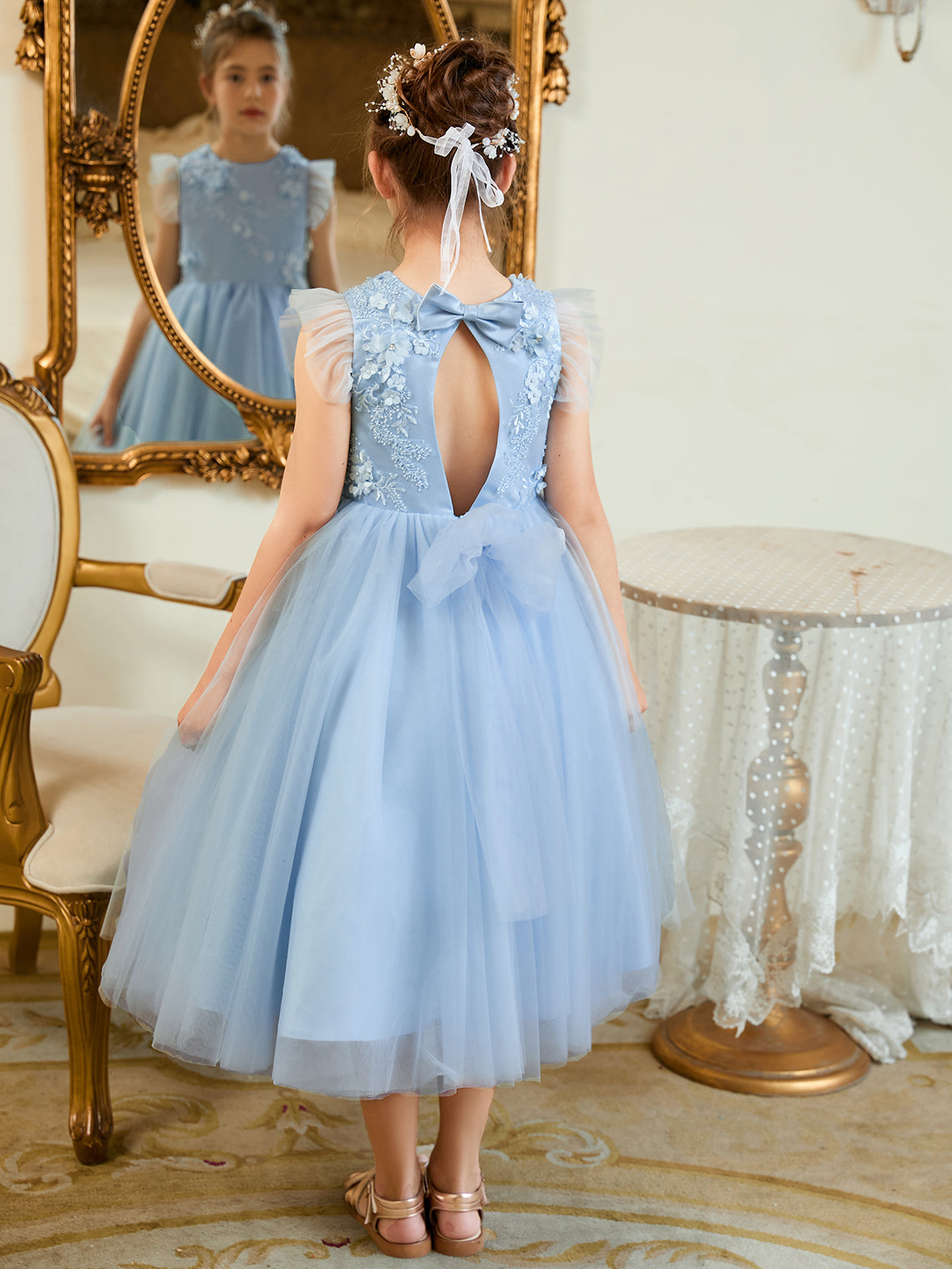 Ball-Gown/Princess Satin Tulle Tea-length Blue Dress (2003225970)