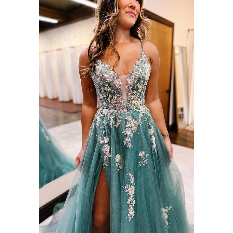 Tulle A-line Sweetheart Spaghetti Straps Appliques with Side Slit Party Prom Evening Dress