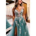 Tulle A-line Sweetheart Spaghetti Straps Appliques with Side Slit Party Prom Evening Dress