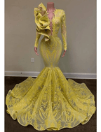 Mermaid / Trumpet Evening Gown Floral Dress Formal Chapel Train Long Sleeve Jewel Neck African American Sequined with Sequin