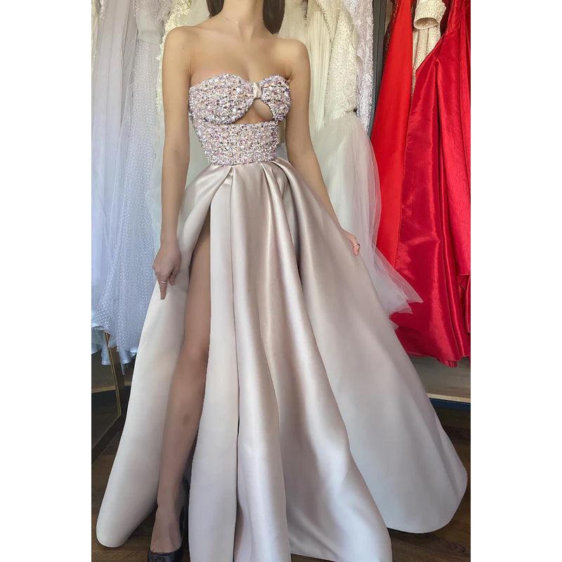 Sweetheart Sleeveless Sequined Ruched Satin A-Line Long Evening Dress