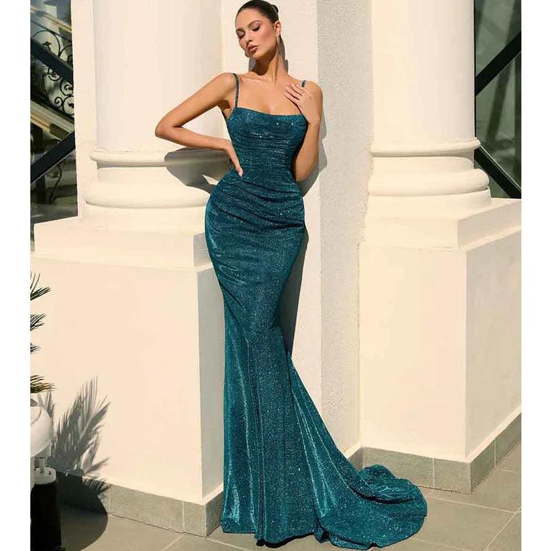 Spaghetti Straps Scoop Mermaid Sparkly Formal Party Dress