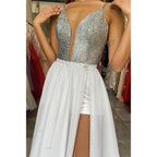 Plunging V-neck Sequins High Split Long Prom Dress with Detachable Train