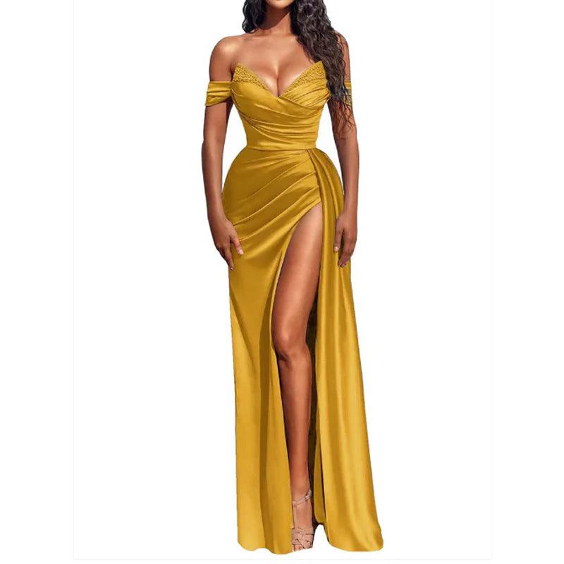 Sexy V-neck Pleats Long Prom Dress with Slit