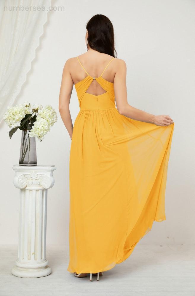 Baoleely  Neck Bridesmaid Dresses Chiffon Long Spaghetti A-line Formal Prom Gown for Wedding Party Evening 2801