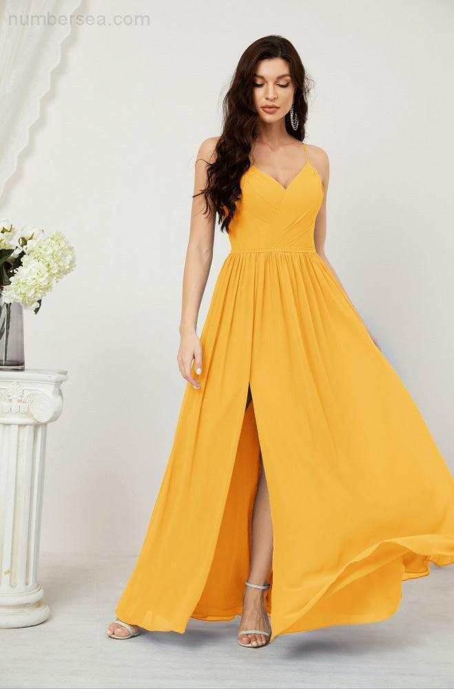 Baoleely  Neck Bridesmaid Dresses Chiffon Long Spaghetti A-line Formal Prom Gown for Wedding Party Evening 2801