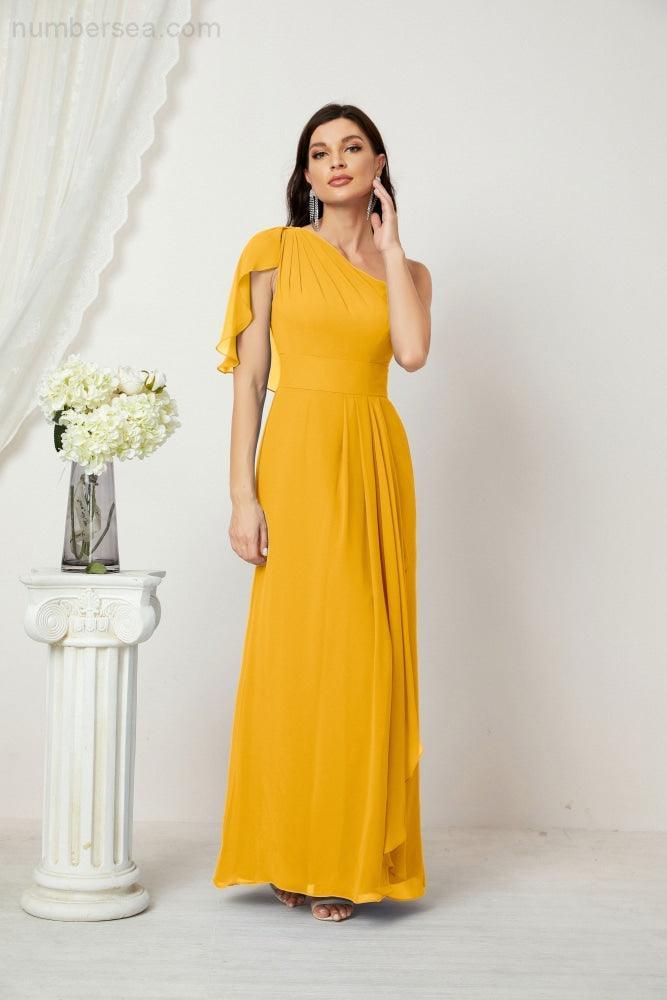 Numbersea  Chiffon Ruffled One Shoulder Long Bridesmaid Dresses A-line Formal Evening Gown Side Split 2809
