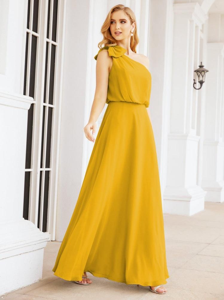 Numbersea Chiffon Ruffled One Shoulder Sleeveless Long Bride Dresses A-line Formal Evening Gown Side Split 28057