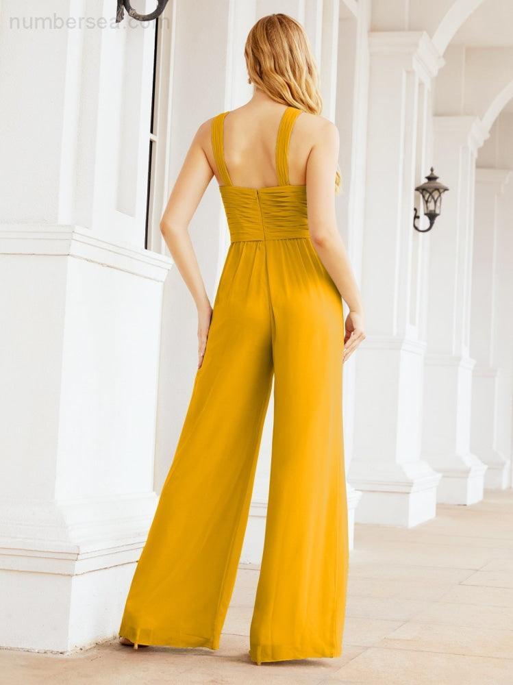 Numbersea Crisscross Neck Jumpsuit Formal Evening Dress Long Bridesmaid Dresses Bell-bottomed Pants 28033