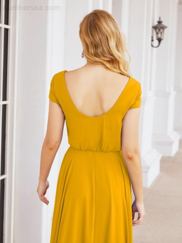 Numbersea V-Neck Bridesmaid Dresses Long Cap Sleeves Prom Evening Formal Gowns 28071