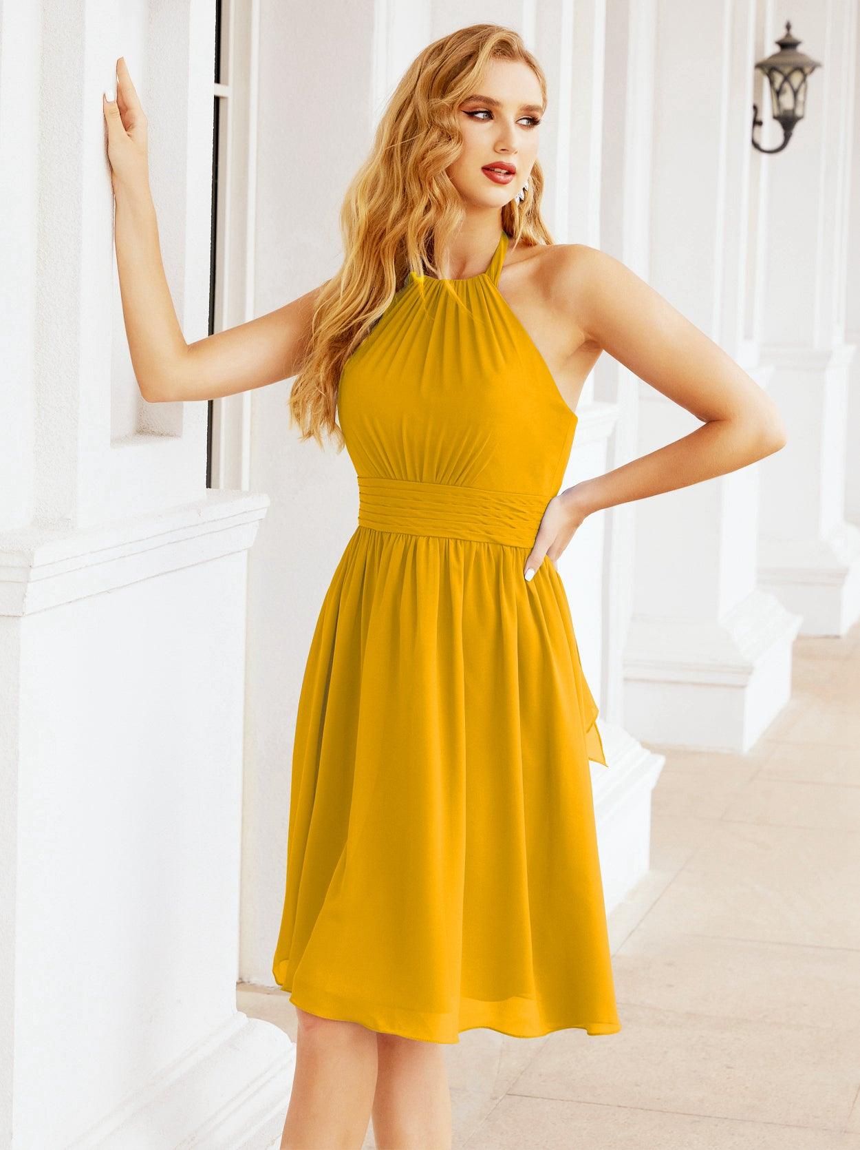 Baoleely Halter Chiffon Bridesmaid Dresses Short Sleeveless Formal Party Dress Open Back 28023