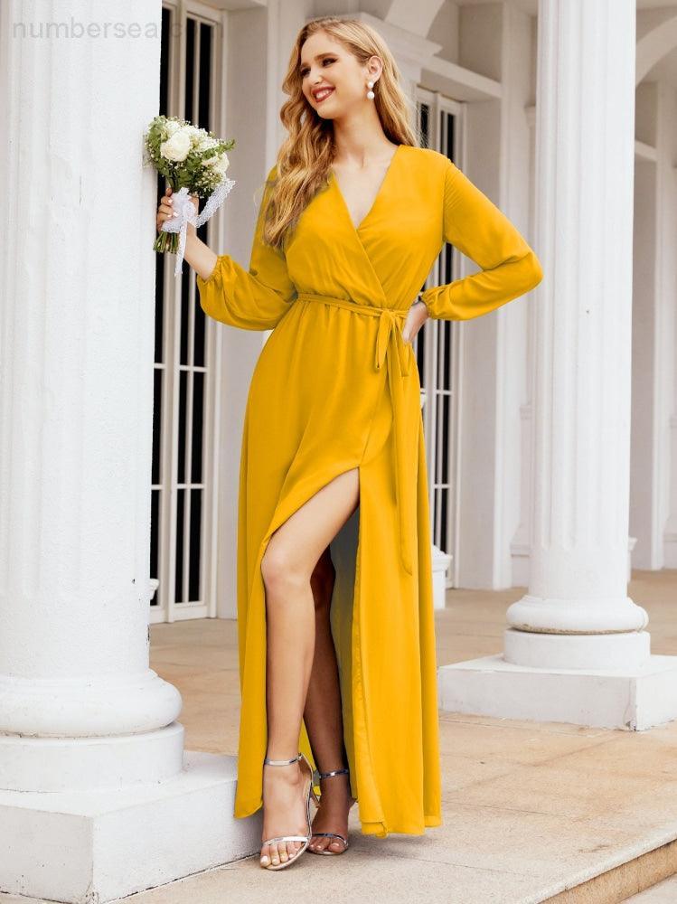 Numbersea Women's Chiffon Bridesmaid Dress A line Long Sleeves Formal Evening Prom Gown for Wedding Guest 28032