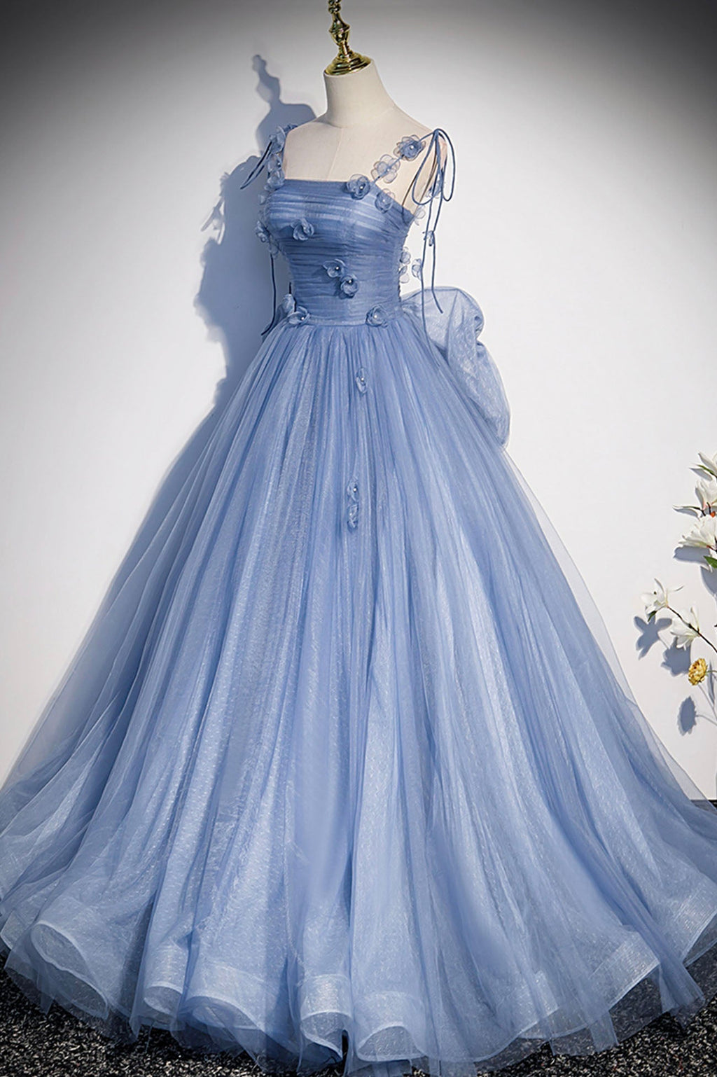 Tulle Long A-Line Prom Dress Blue Spaghetti Straps Party Dress with Bow