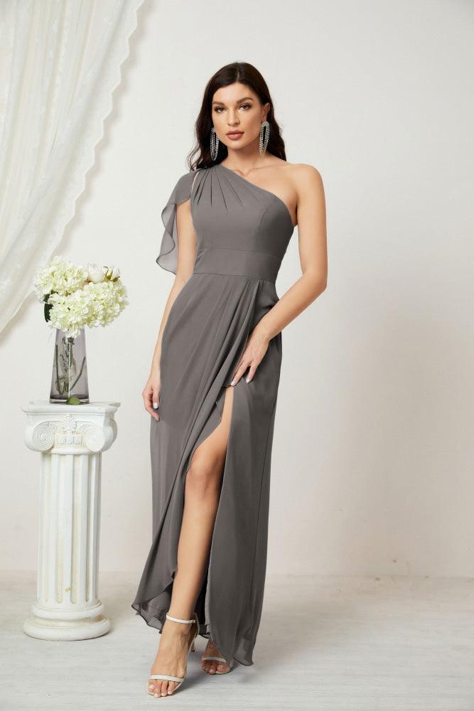 Numbersea  Chiffon Ruffled One Shoulder Long Bridesmaid Dresses A-line Formal Evening Gown Side Split 2809