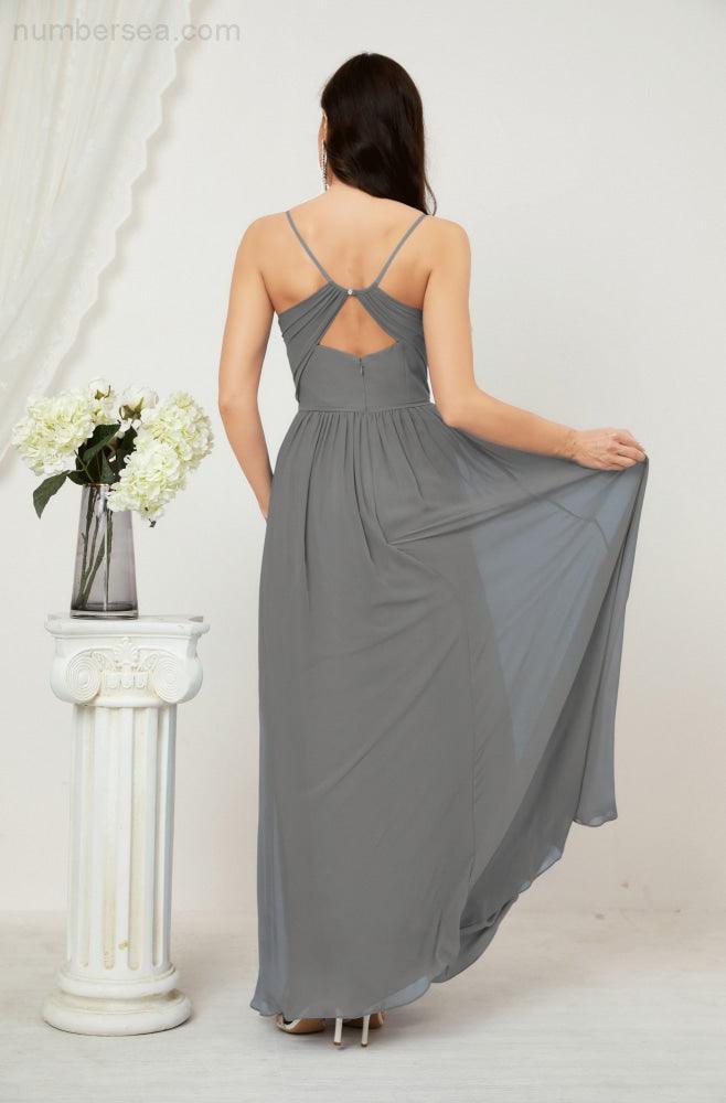 Baoleely  Neck Bridesmaid Dresses Chiffon Long Spaghetti A-line Formal Prom Gown for Wedding Party Evening 2801